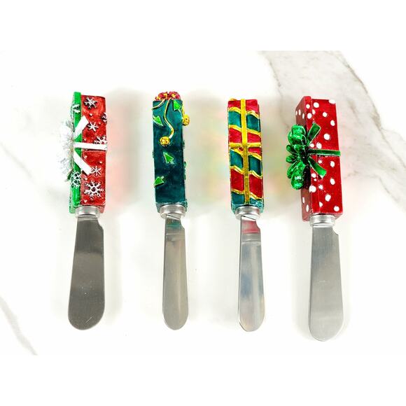 Boston Warehouse Cheese Butter Spreaders 90's Christmas 4 7/8 Stainless China x4 - Picture 12 of 13